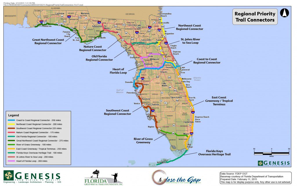 This map, pulled from the Florida Greenways and Trails Foundation website, differs slightly from the map given out at the Florida Greenways and Trails Council meeting.  We're working to get an electronic version of that map, which includes an additional 3 Regional Connectors and includes priority trails not grouped into Regional Connectors. 