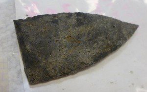 Is this a Suwannee tip?  This spearhead was discovered in the Wacissa River, and is likely to be 12,000 years old or older.  As covered in a blog post a couple of months ago, we dove down with archeologist Morgan Smith as he and his team excavated a site on the river.  We need music for this and other planned segments on underwater digs and archeology in Florida.