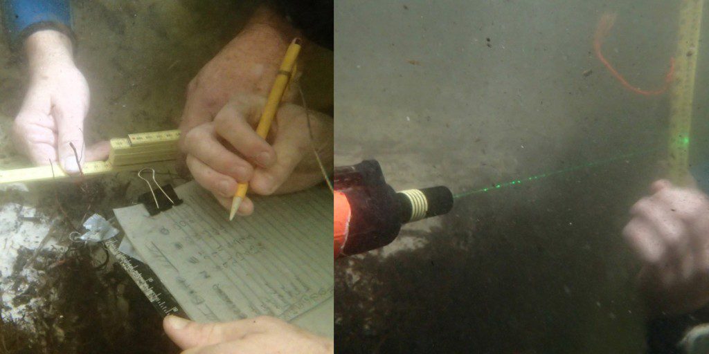 Writing on mylar paper, Morgan and his colleagues note the exact location of every artifact found. To ensure that sediment was excavated evenly, the excavation team used a laser level. Photo courtesy Ryan Means.
