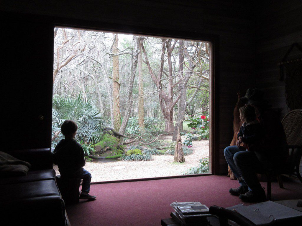 Max (5), Xavi (2), and my wife and fellow WFSU producer Amy gaze out of the Betty Komarek Bird Window at Birdsong Nature Center. Betty Komarek graduated with honors from the Florida State College for Women. Her degree was in education with an emphasis in botany. According to the Birdsong website, Betty's landscaping of the area around the house was "influenced in her selections by Japanese landscaping ideals of beauty, using natural textures of wood, rock, and water." 