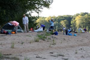 RiverTrek 2016 participants set up camp on the Alum Bluff sand bar, Apalachicola River.