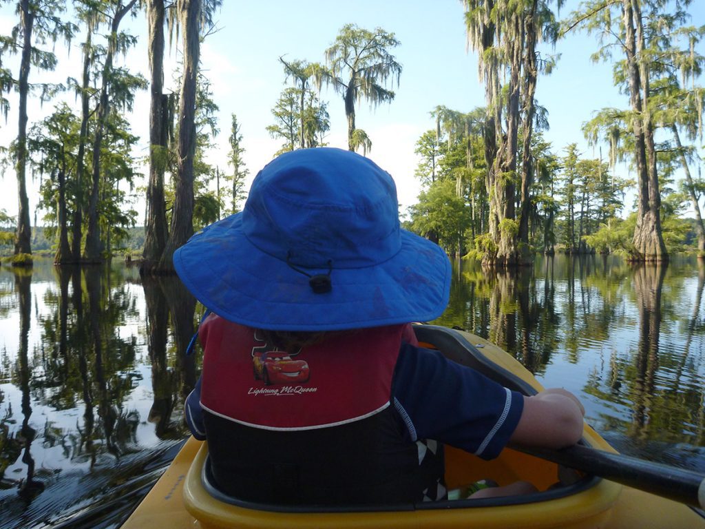 Piney Z. Lake is a small lake, great for kayaking with kids. Here, my son Max and I were getting used to the kayak we would use on Apalachicola RiverTrek 2015.