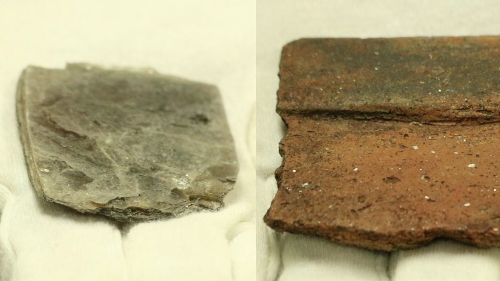 Left- mica, a rock not found locally, obtained via trade. Weeden island people would decorate these with etchings. Left, you can see specks of mica in a clay pot.