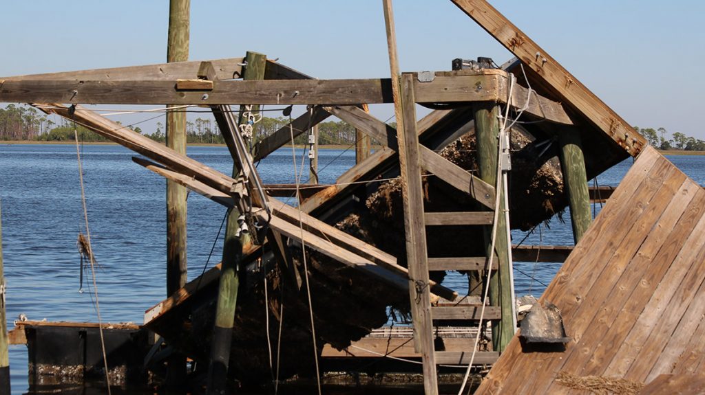 The Gulf Specimen Marine Lab research dock, having been destroyed by Hurricane Michael. 