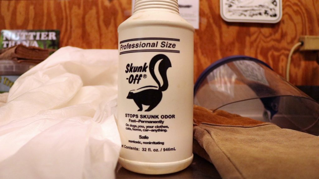 A bottle of Skunk Off- a specialty product that removes the odor of skunk spray.