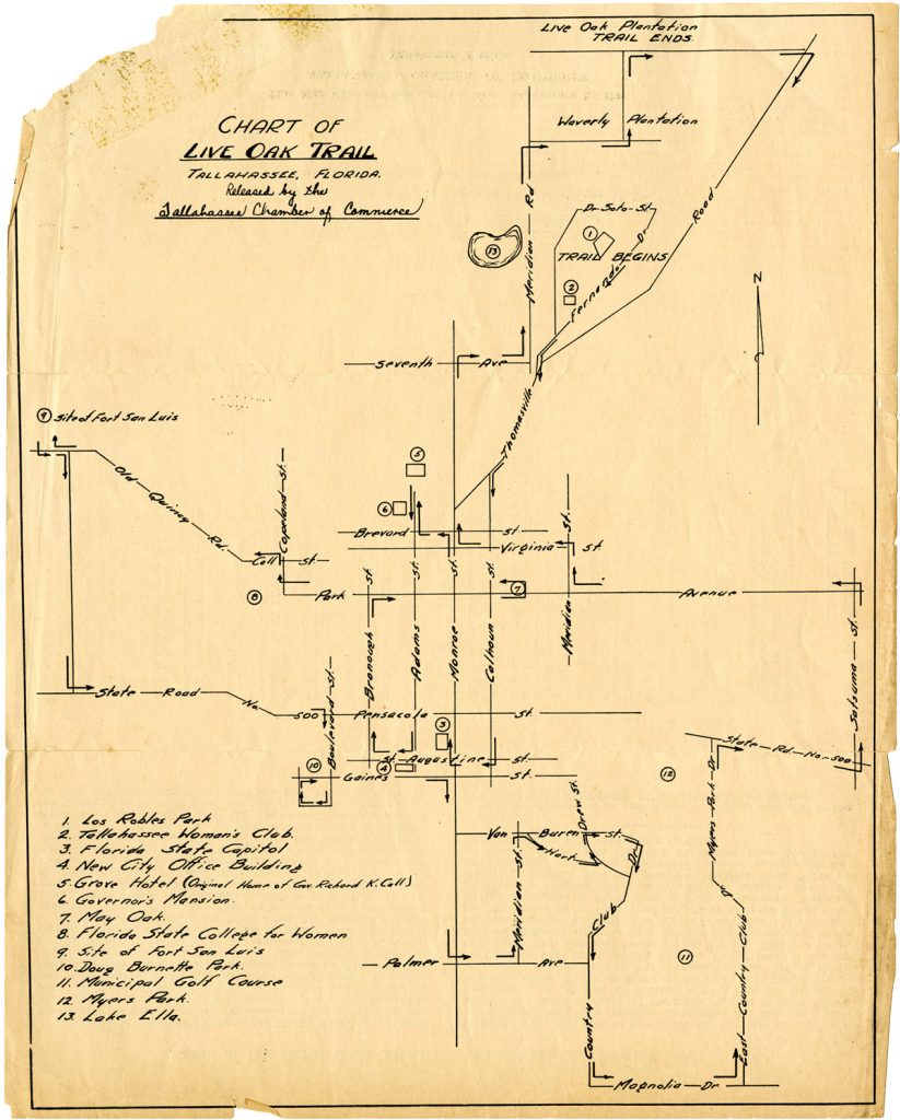 A map of Tallahassee's Live Oak Trail, 1940.