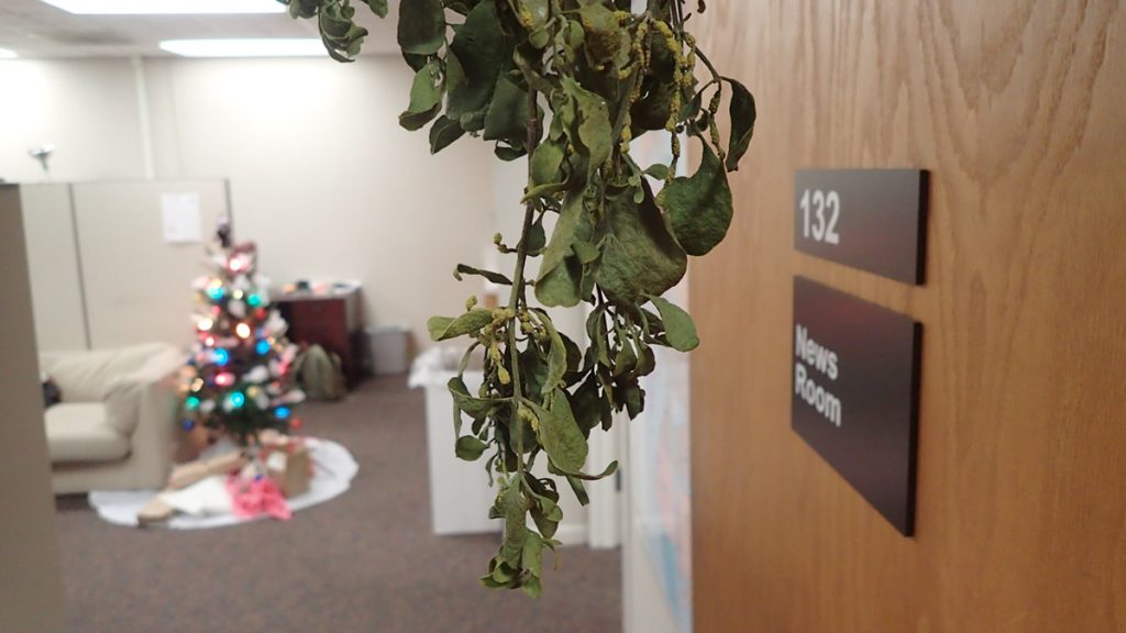 Mistletoe hanging in front of the WFSU-FM newsroom.