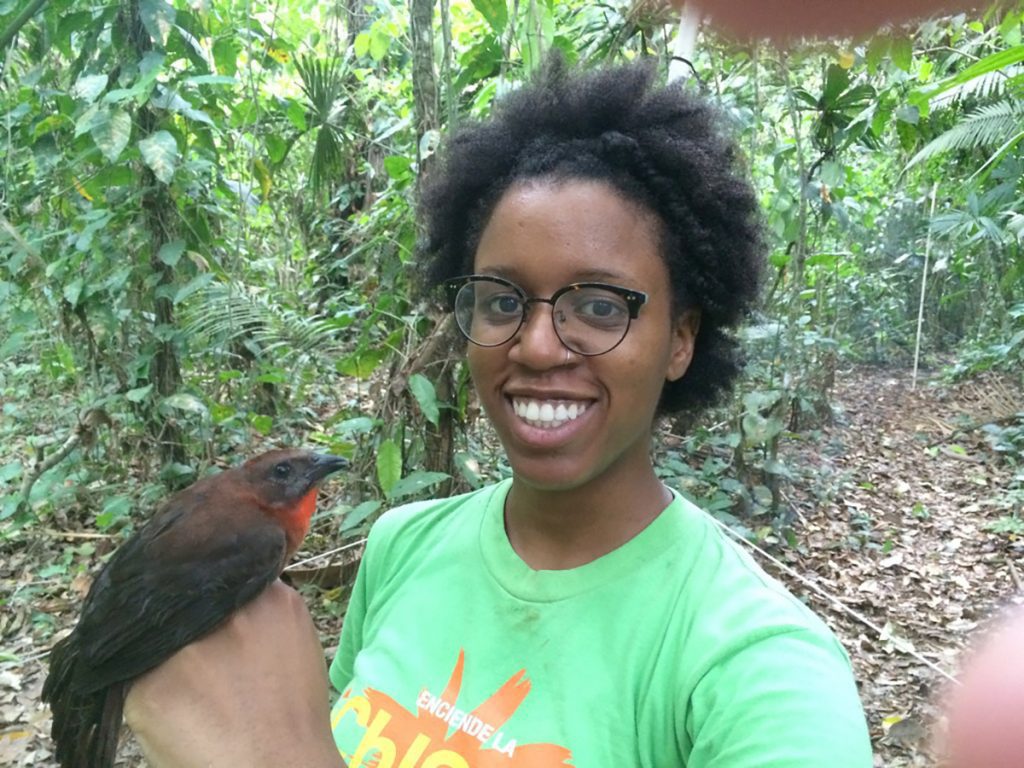 Dara holds a red throated ant tanager mist net trapped by Henry Pollock.