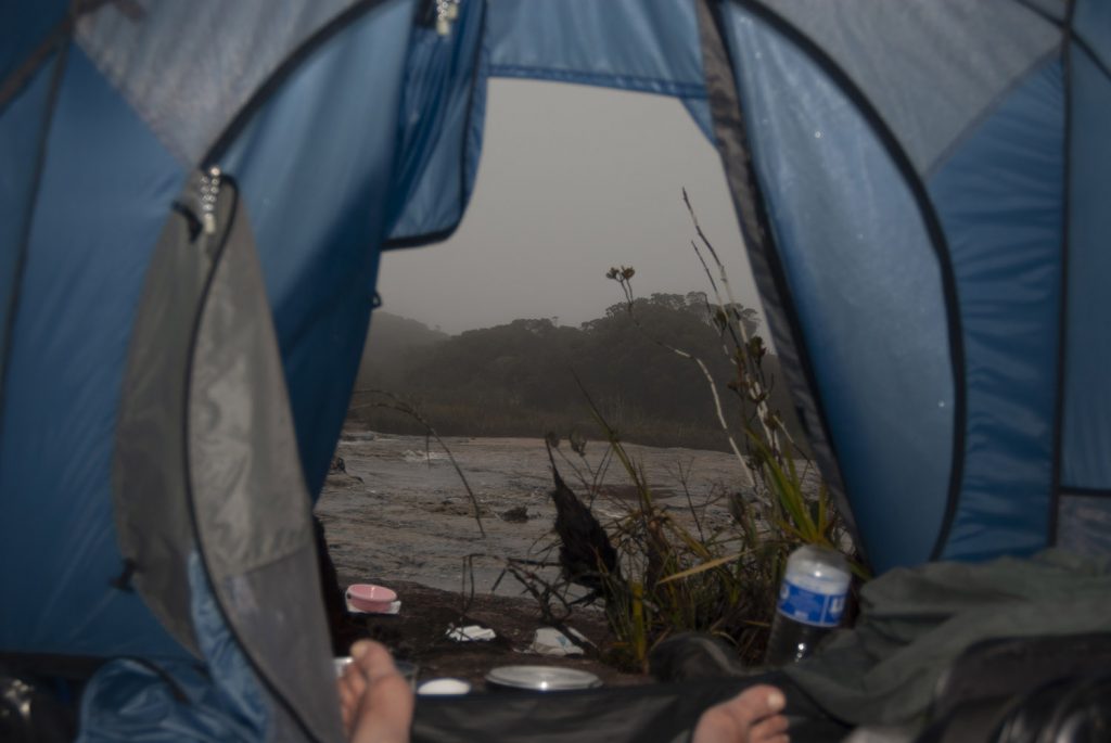 Bruce Means looks out his tent atop the Acopan tepui in 2006.  Image courtesy Bruce Means.