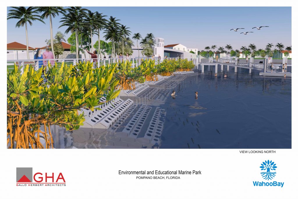 A digital mockup of SEAHIVE barriers in Wahoo Bay, in Pompano Beach, Florida. Image courtesy Gallo Herbert Architects.