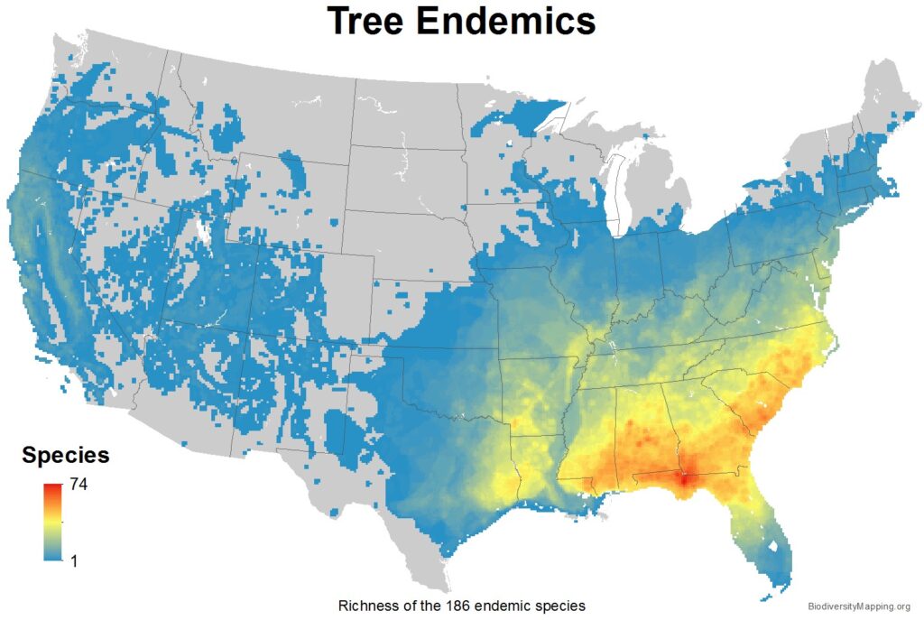 Map of endemic tree species in the United States. Map generated by the US Geological Survey, courtesy biodiversitymapping.org.